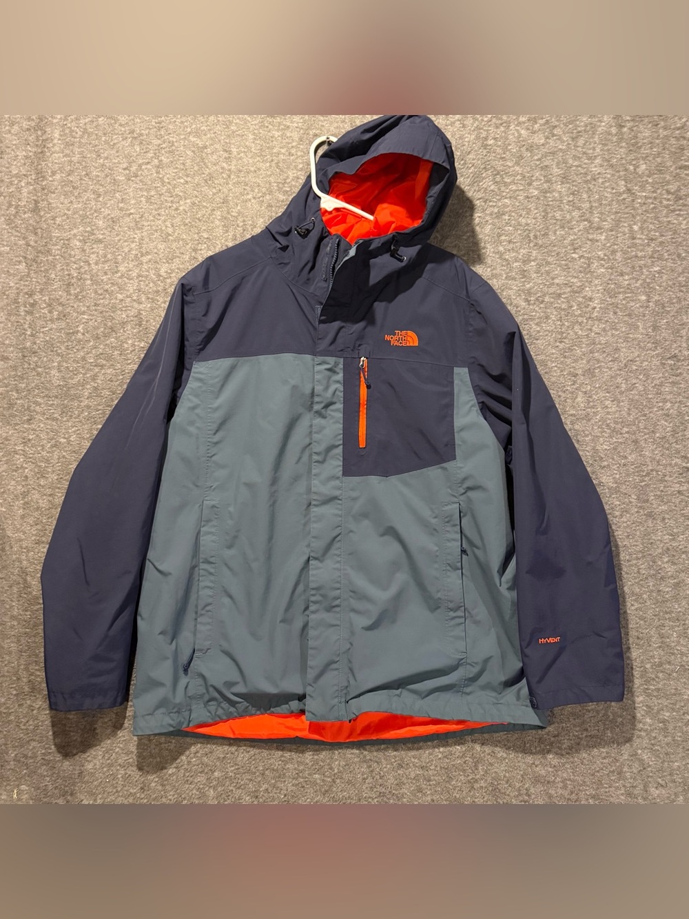 The North Face HyVent Jacket Mens XL Blue Orange Gray Full Zip Lined Windbreaker